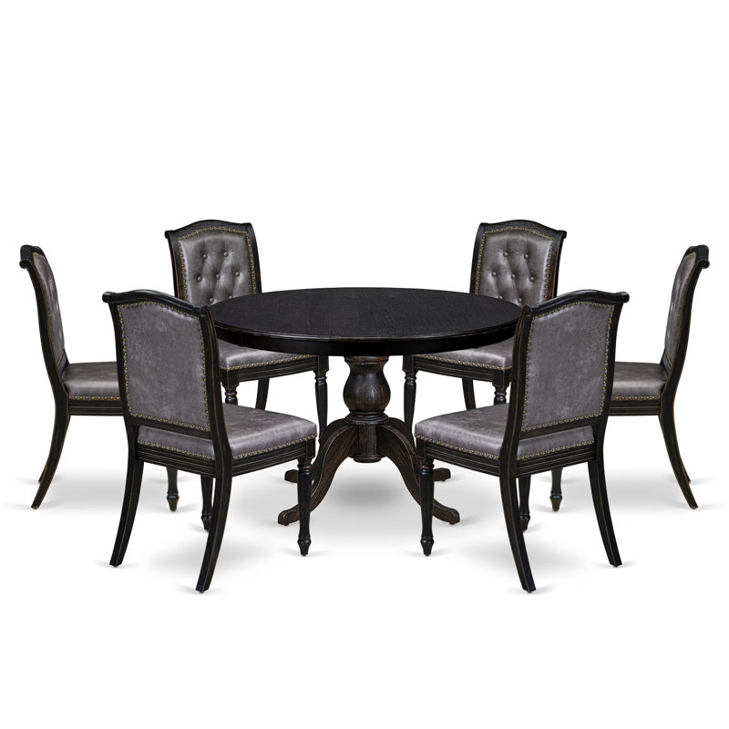 Table de cuisine 7 pièces et 6 chaises en polyester avec dossier capitonné, noir sablage, 7 Pieces: Table, 6 Chairs