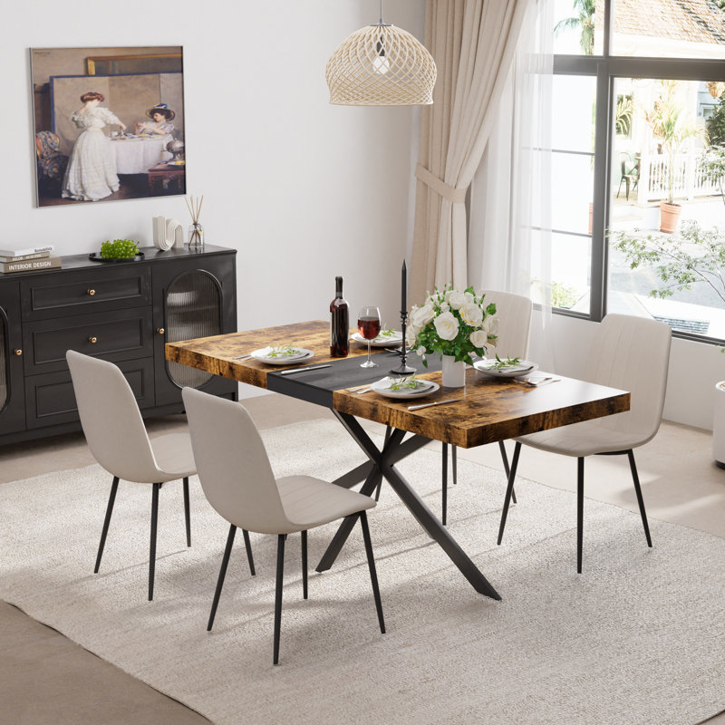 Ensemble de table de salle à manger extensible avec chaises en velours, H 29,92 po x L 55,11 po x l 31,49 po, 5, Beige / noir