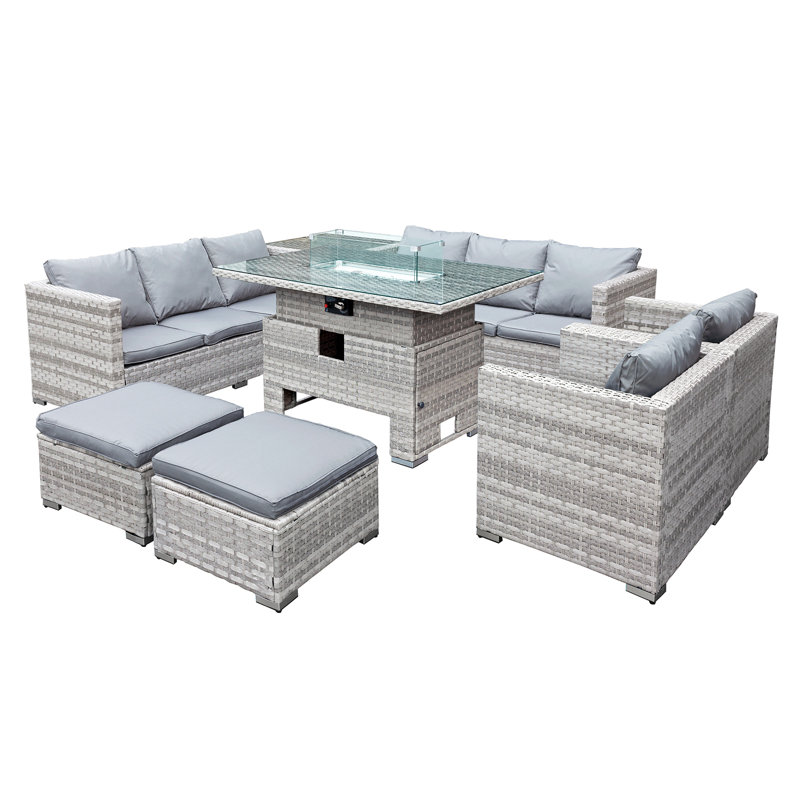 Malta Rattan 10 Seat Rising Firepit U-Shape Set in Dove Grey with 2 Footstools