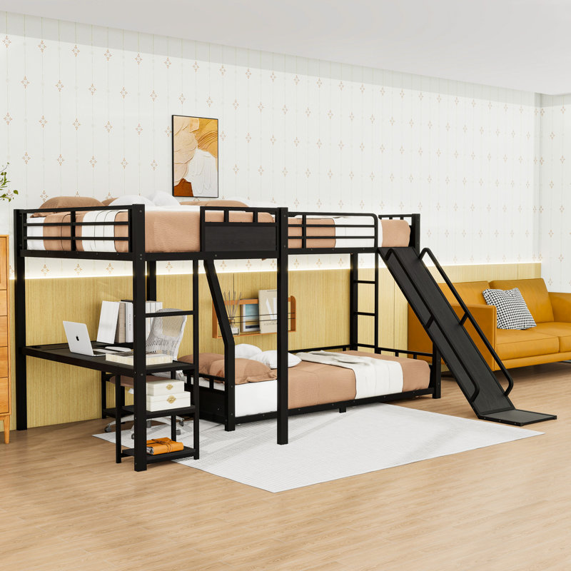 Metal L-Shaped Bunk Bed With Built-In Desk And Slide And Shelves, Twin XL And Twin XL Over Queen