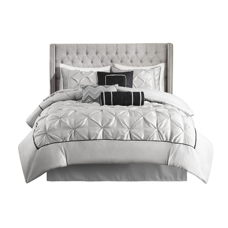 Édredon gris très grand 7 pièces - Élégance, contient 1 édredon, 2 taies décoratives, 3 coussins décoratifs, jupe de lit, fer à repasser pour éliminer les plis