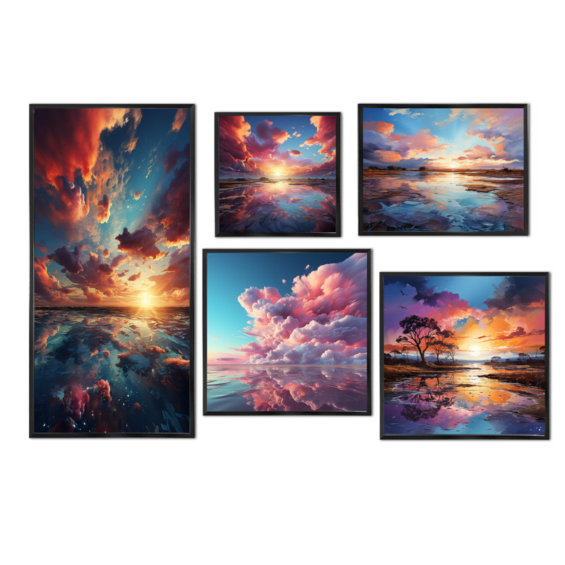 Majestic Dream Sunset Horizon - Ensemble de 5 décorations murales ciel, Cadre flottant noir