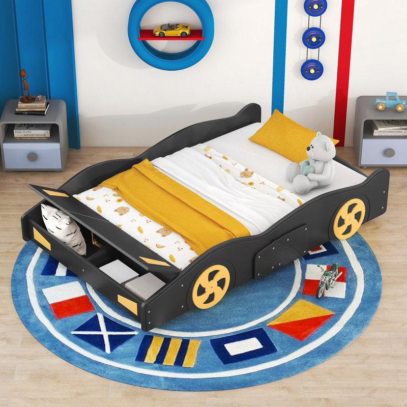 Lit plateforme avec roulettes et rangement Race, Noir