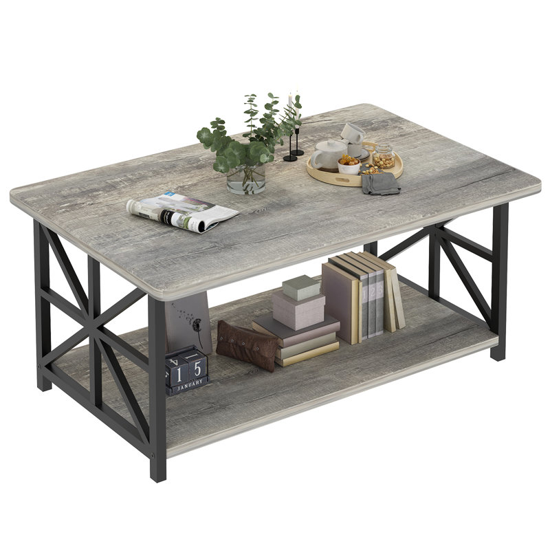 Faux Marble Top Rectangular Coffee Table With Black Metal Frame, 2 Tier Coffee Table With Storage Shelf, Rectangular Center Table For Living Room Modern Style For Living Room, Office, Balcony