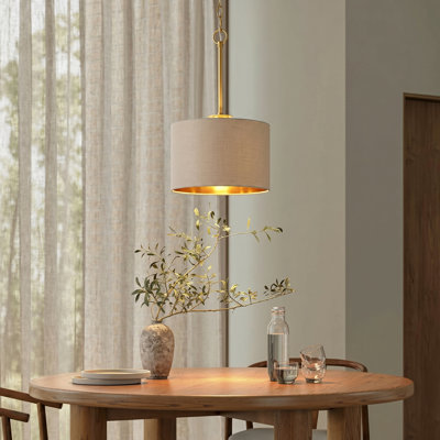1-Light Gold Single Drum Pendant With Gray Fabric Shade
