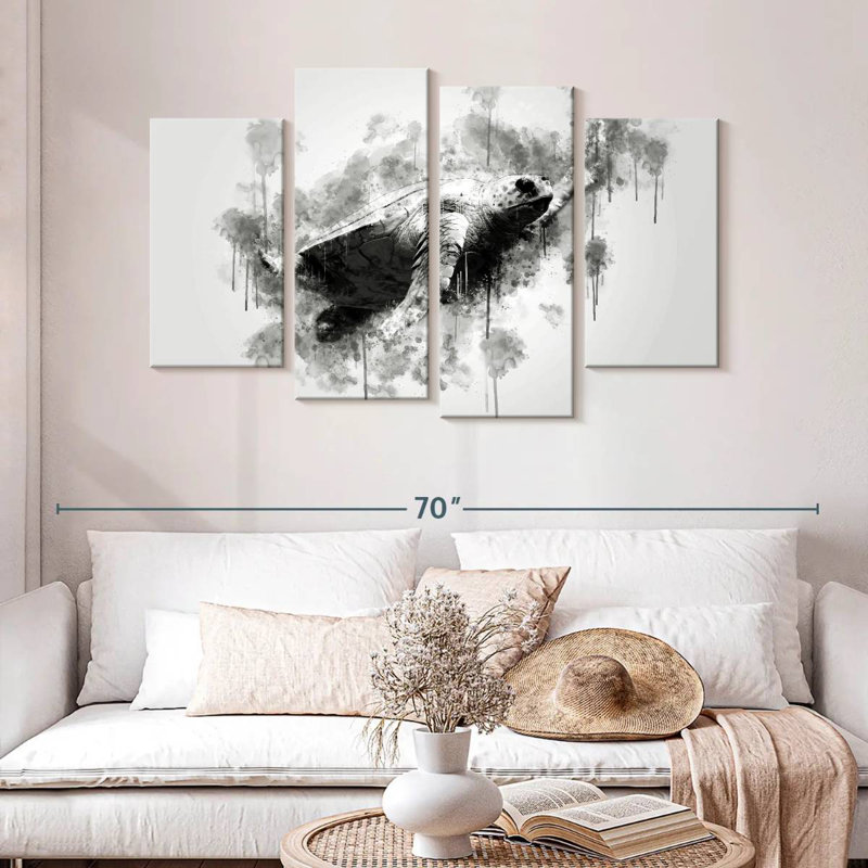 Tortue de mer noir et blanc, H 32 po x l 52 po