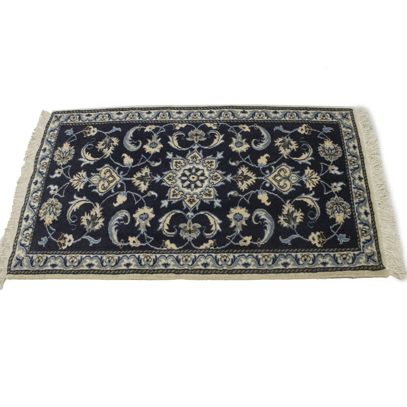 Tapis bleu / noir en laine noué à la main de conception unique 2 pi 5 po x 4 pi 3 po années 2000 Schreck