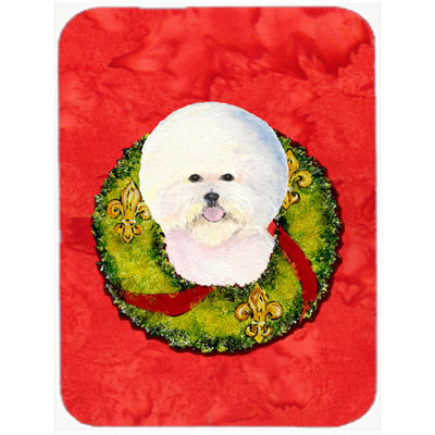 Le sapin des fêtes® Bichon frisé dans une planche à découper en verre pour couronne de fleurs