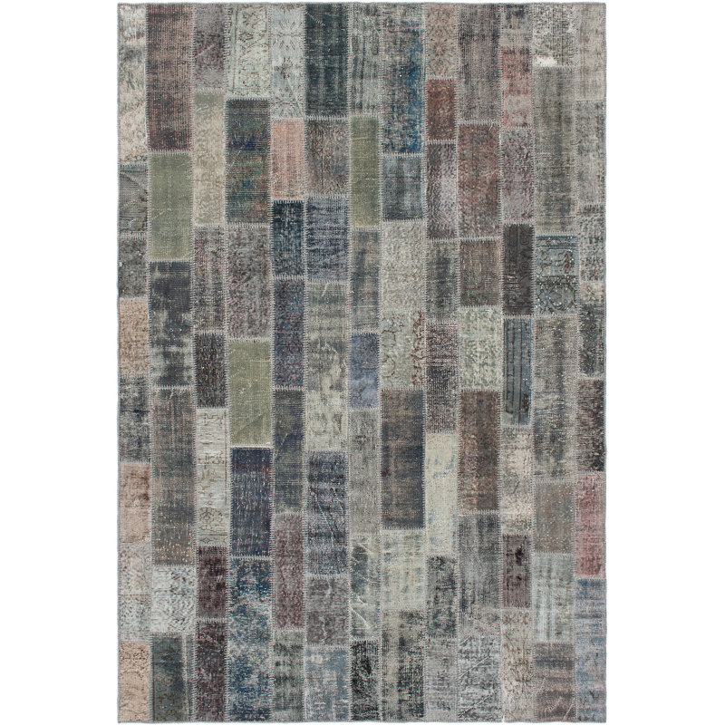 Tapis unique en laine noué à la main patchwork gris clair / gris foncé des années 2010 de 6 pi 9 po x 10 pi 1 po Rinu
