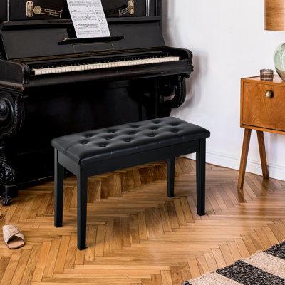 Black Piano Bench With Soft Faux Leather Cushion And Wooden Frame For Duets Cover Solid Base In - Duet