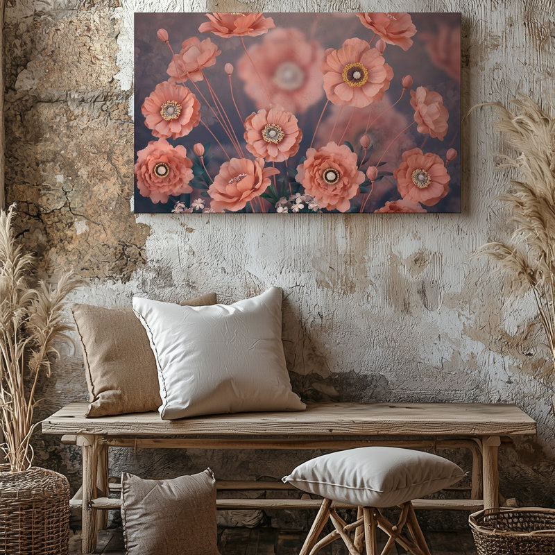 Toile, composition douce et rêveuse mettant en vedette un ensemble de fleurs dans un art mural avec des nuances de pêche et de corail avec de grands coquelicots ouverts avec toile murale