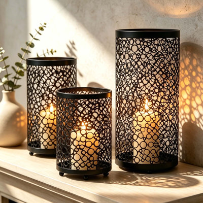 3 Pack Metal Carved Candle Holders, Vintage Tealight Lantern Centerpieces with Bubble Pattern