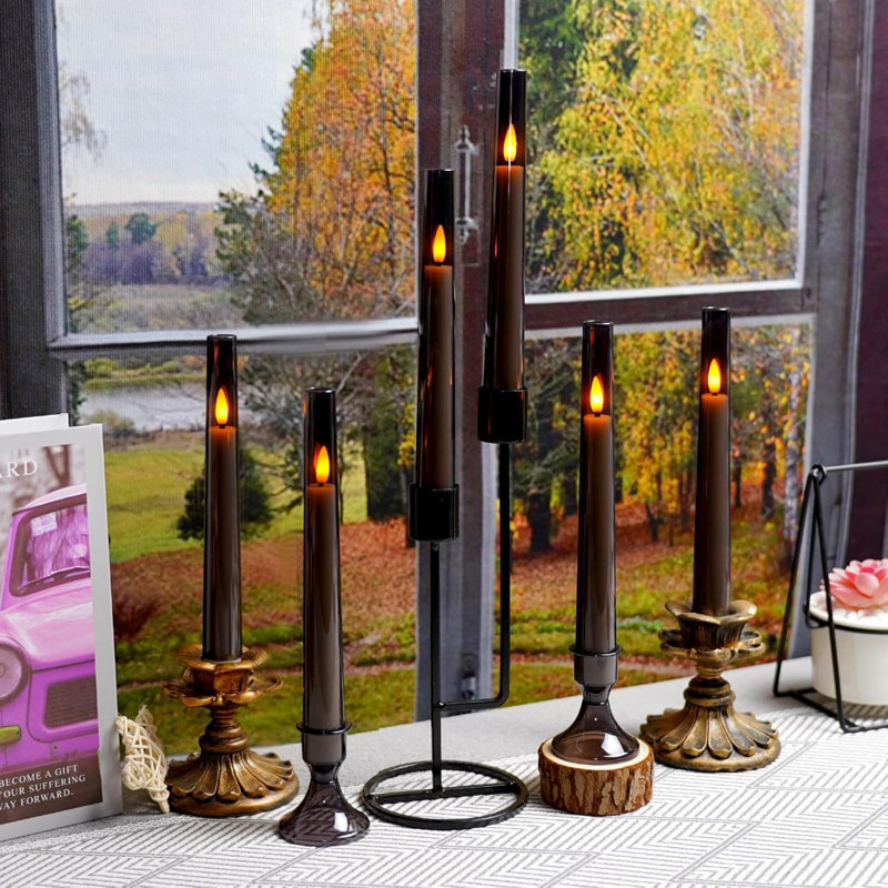 Upgraded Flameless Taper Candles With Remote,6 PC Acrylic Battery Operated Candles With Candlesticks,Flickering Led Window Candles For Home Table And Wedding Decor(Grey)