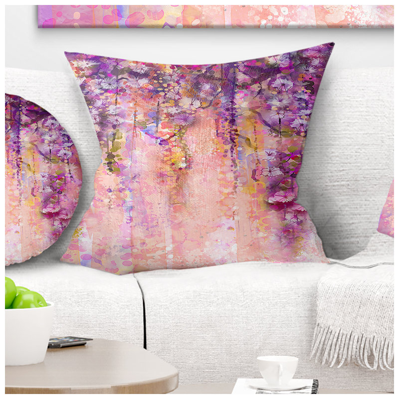 Coussin décoratif imprimé de fleurs roses et violettes, 16 po x 16 po, Carré