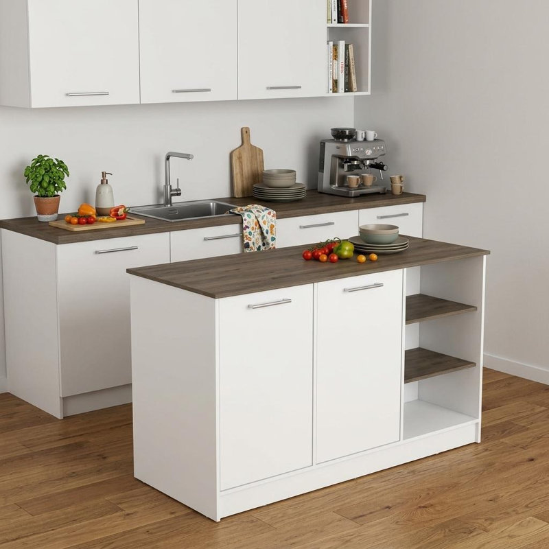 Ginger Kitchen Island, Three Open Shelves, Two Cabinets Doors With Interior Storage Option, Floorstanding Island, Kitchen Organizer And Decor