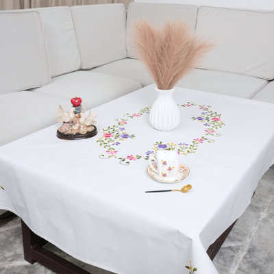 Hand Embroidered Thick Cotton Table Cover – Multicolor Floral Wreath Decorative Tablecloth for Dining Table & Elegant Home Décor