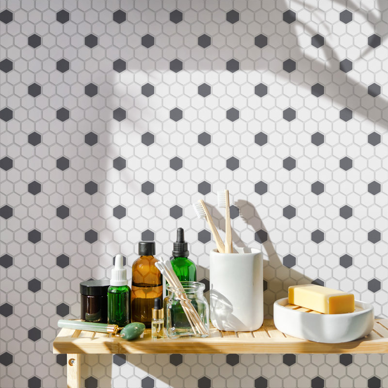 Gotham 1" Hex White with Black Dot 10-1/4" x 11-7/8" Porcelain Mosaic Tile