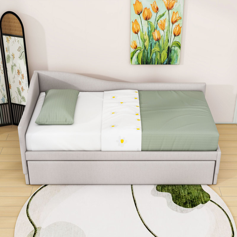 Twin L-Shaped Upholstered Daybed with Pop Up Trundle, Beige