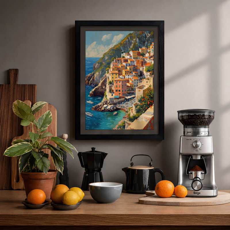 Mediterranean Clifftop Village Coastal - Framed Print, Black, A3 - 42.0 x 29.7 cm
