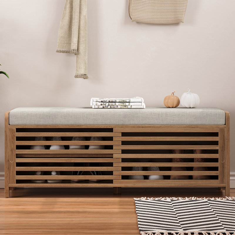 43" Distressed Shutter Storage Bench, Entryway Storage with Storage, White Washed