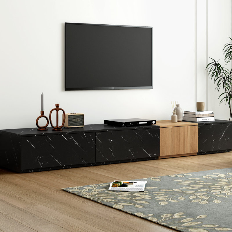 Stylish Tv Stand With Faux Marble & Walnut, 4 Storage, For 88" Tvs, Black Living Room Furnishing Essential Modern 4 Drawers, Up To Tv, Finish
