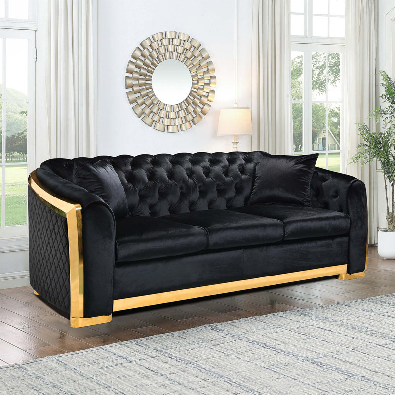 Velvet Luxury Chesterfield Sofa Set, 84 Inches Tufted 3 Seat Couch With Gold Stainless For Living Room,Fabric, Black Velvet