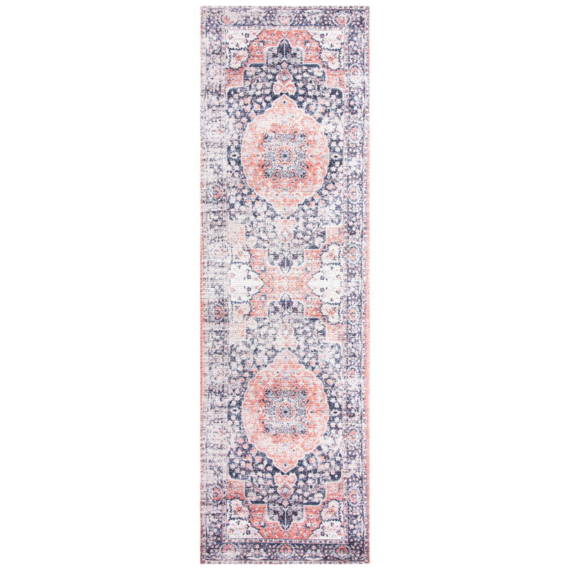 Tapis oriental tissé à plat à la main ivoire / bleu marine / rose Joppatowne, Tapis de couloir 2 pi 3 po x 8 pi