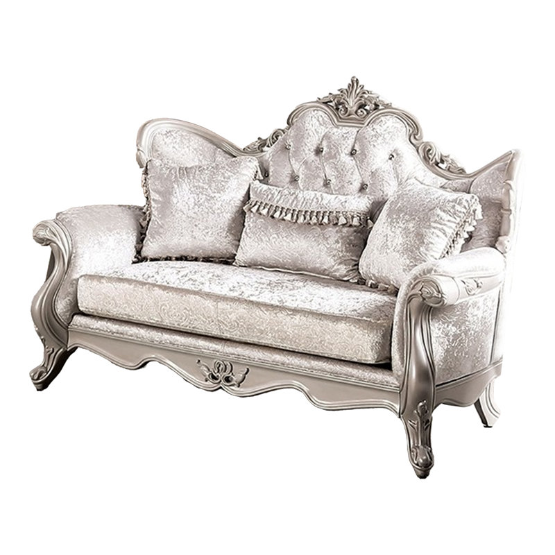 Causeuse Paolo, tissu blanc cassé, détails sculptés, bois massif, 71 po, Argent