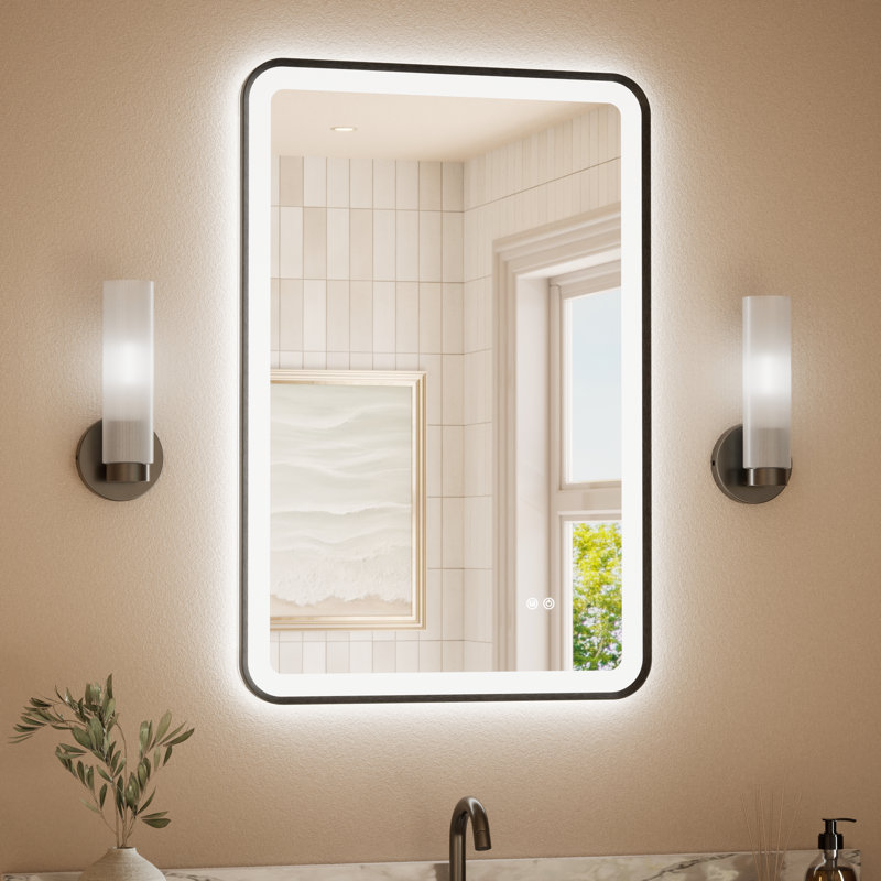 Miroir de salle de bain en verre trempé à DEL avec éclairage avant et rétroéclairé, H 36 po x l 24 po, Noir mat