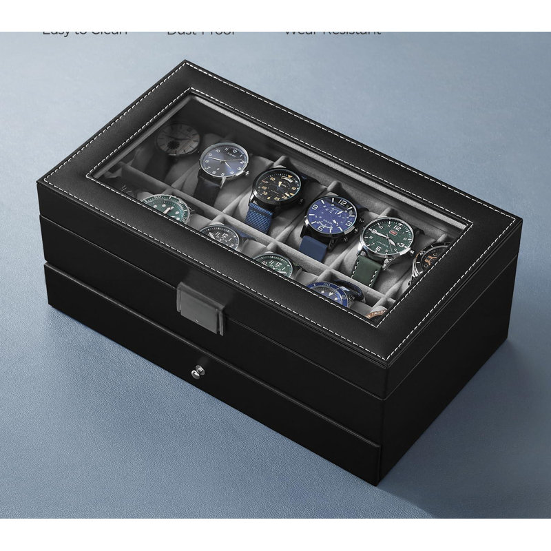 Boîte à montre à 12 emplacements, boîtier de montre verrouillable avec couvercle en verre, 2 couches, avec 1 tiroir pour anneaux, bracelets, cadeau de Noël, cuir synthétique noir, doublure grise