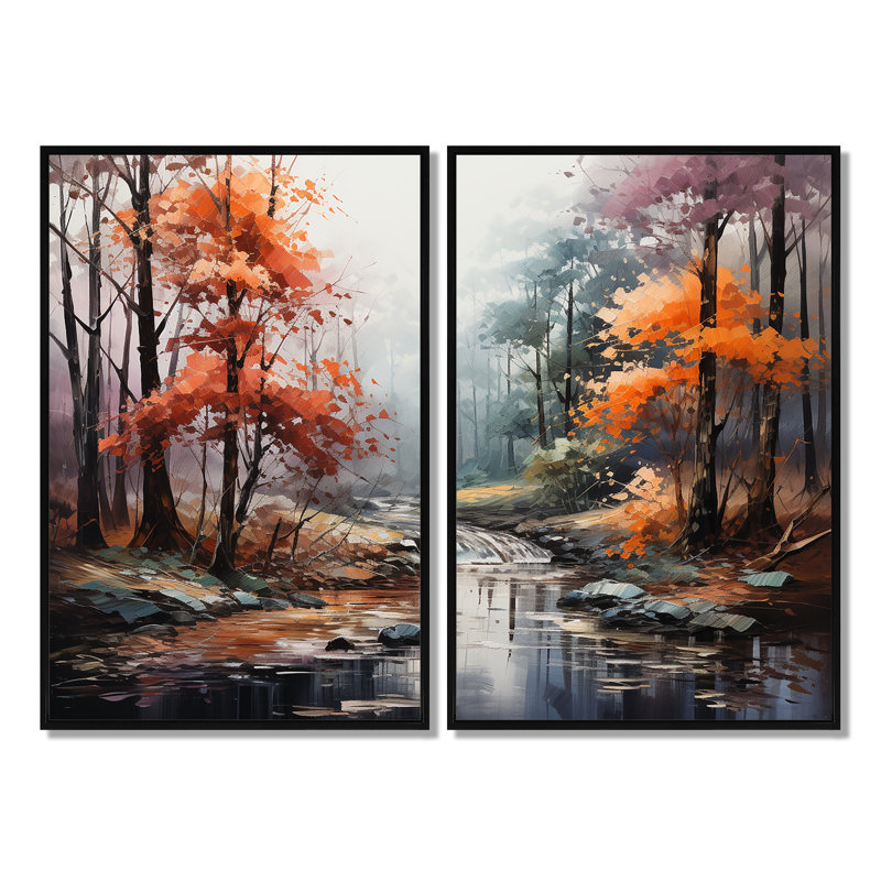 Mystic Nostalgia Autumn Forest I - Large Forest Art Prints On Canvas, Black, 36" H x 48" W, Framed Print without Mat