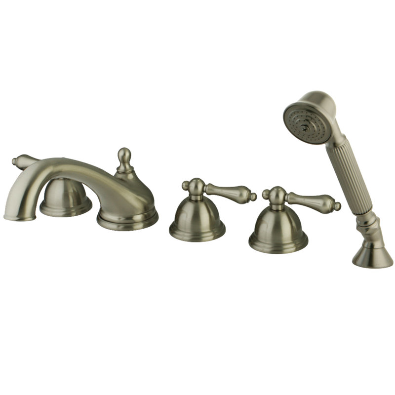 Kingston Brass Milano Three-Handle 5-Hole Deck Mount Roman Tub Faucet with Hand Shower, Brushed Nickel