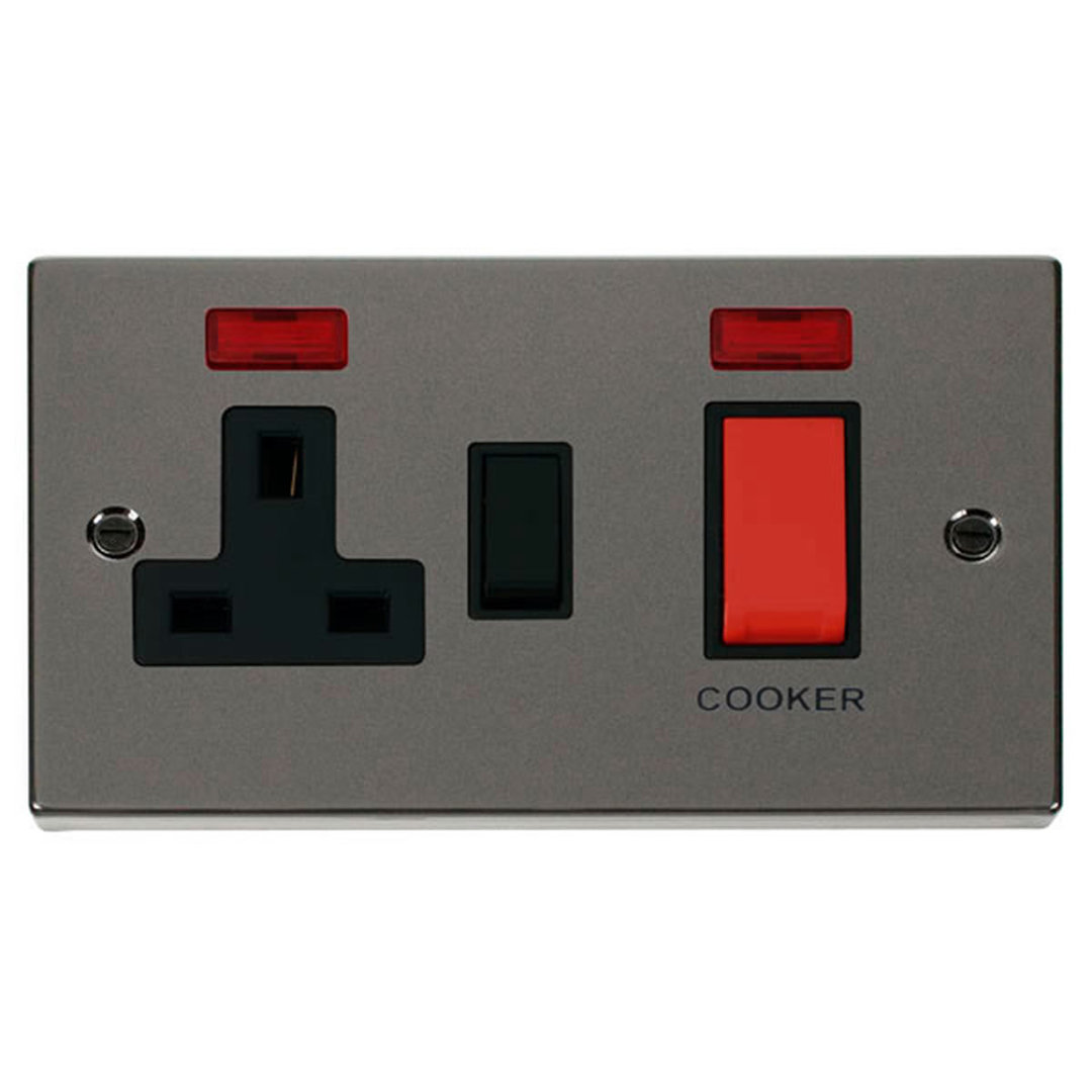 Black Nickel Cooker Control 45A With 13A Switched Plug Socket & 2 Neons