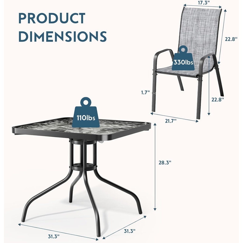 Ensemble de salle à manger d'extérieur 5 pièces, table en verre et chaise Textilene | Chaises empilables pour économiser de l'espace, table de 30 po x 30 po avec structure en métal, trou de parasol 1,69 po, toutes saisons