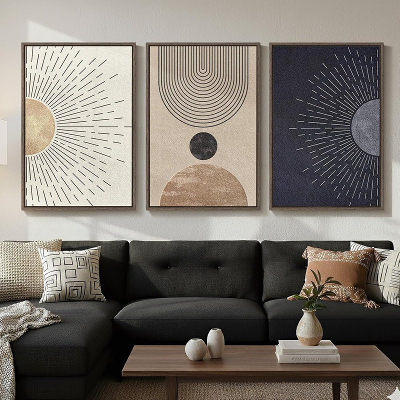 Grande toile abstraite encadrée, style bohème neutre, représentant le soleil et la lune, idéale pour décorer un salon, une chambre ou un bureau.