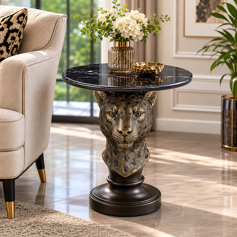 Table d'appoint 24,8 po à tête de léopard en résine avec plateau en faux marbre noir, table de bout sculpturale