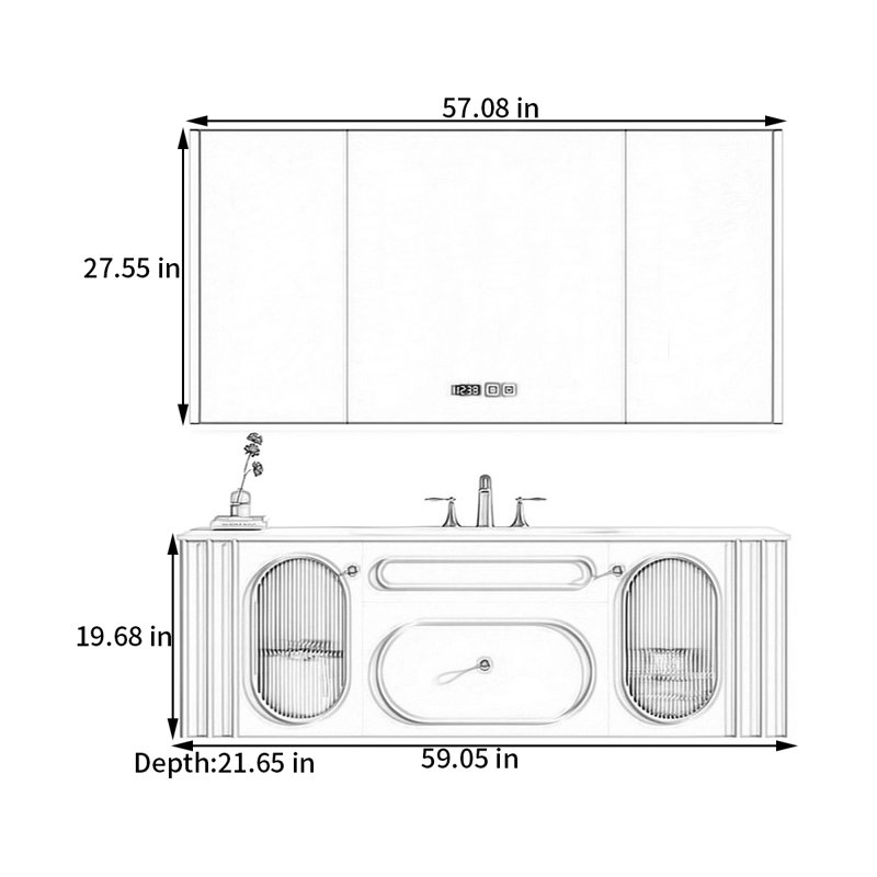 French cream-style smart bathroom cabinet, 19.68" H x 59.05" W x 21.65" D