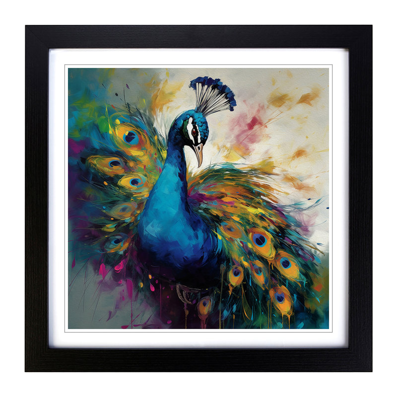 Peacock Gestural Art No.1 - Single Picture Frame Print on Wood, Black