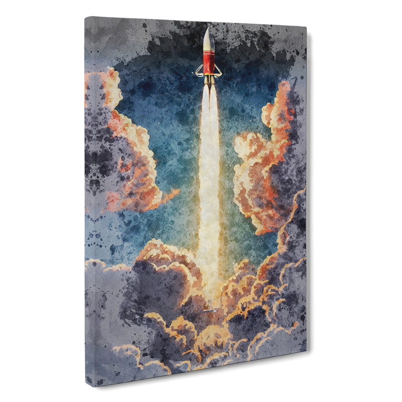 Watercolour Spaceship Rocket No.3 - Wrapped Canvas, 50cm H x 35cm W x 3cm D