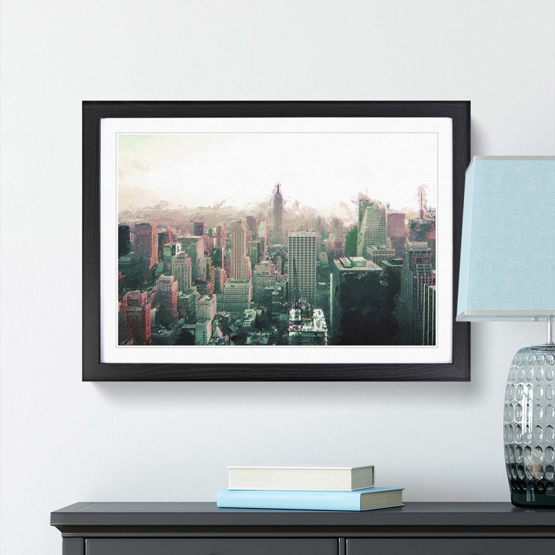 Manhattan Skyline in New York in Abstract - Framed Print, 27cm H x 36cm W x 2cm D, Black Framed