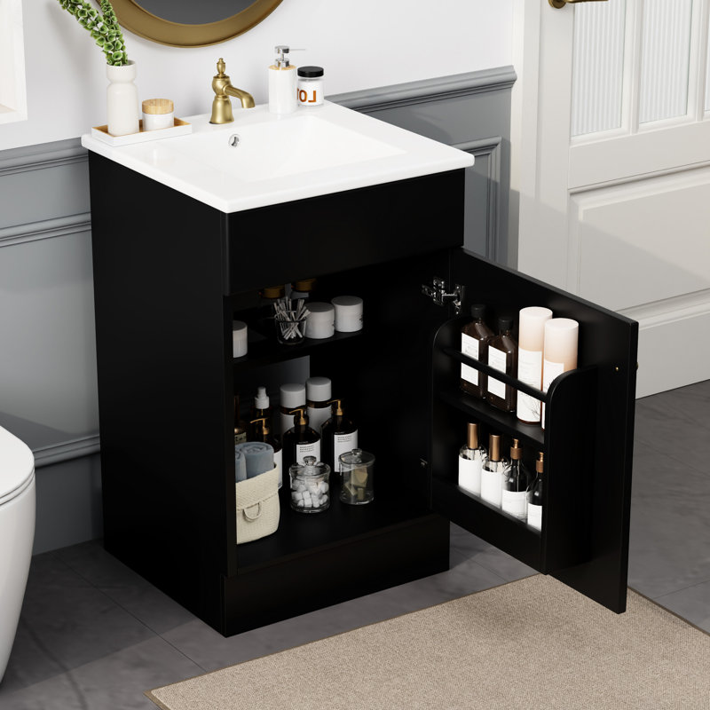 Meuble-lavabo de 20 po avec lavabo en céramique, noir. Armoire pour salle de bain. Lavabo imperméable et à surface facile. Tablette de porte et tablette réglable. Armoire. Trop-plein de robinet pré-percé.