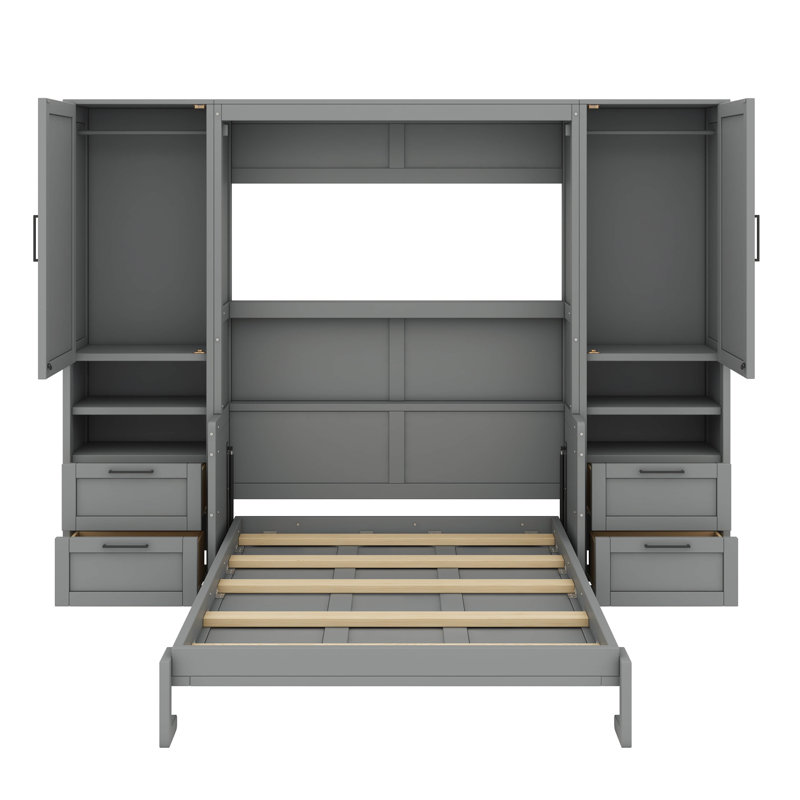 Lit escamotable Murphy avec armoire spacieuse, tiroirs et tablettes, Gris, Double
