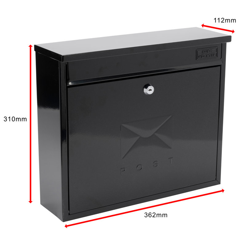 Elegance Wall Mounted Galvanised Steel Lockable Weatherproof Post Box - 36x31x10cm, Black