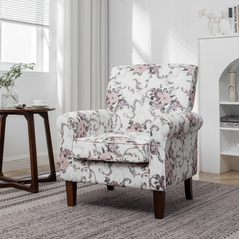 Fauteuil à accoudoirs roulés, structure en bois massif avec pieds fuselés, fauteuil rembourré en tissu de polyester imprimé pour le salon