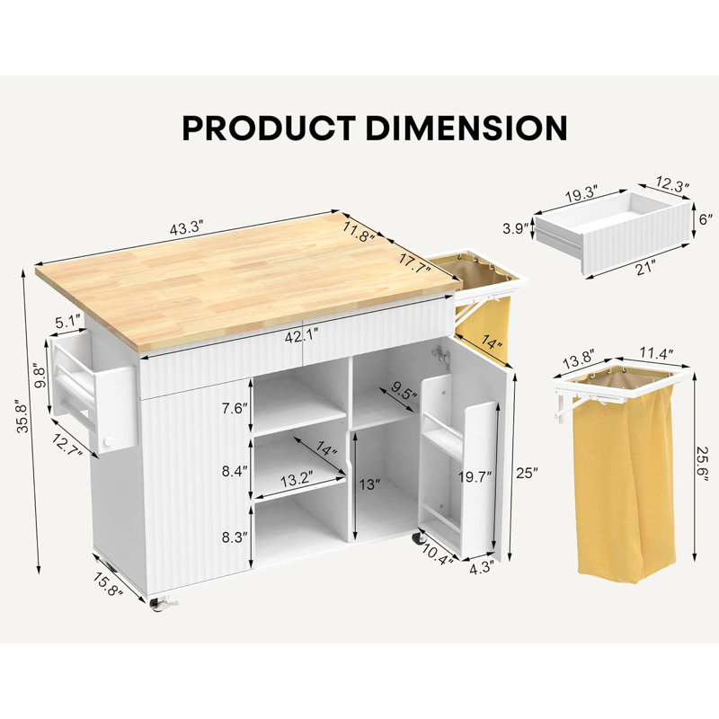 Kitchen Island With Storage, Rolling Kitchen Island On Wheel With Drop Leaf, Foldable Trash Bag, White