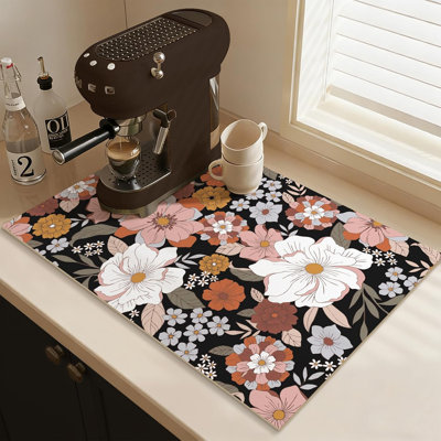 Tapis égouttoir à vaisselle rétro à motif floral, ultra absorbant, idéal pour les machines à café expresso (17,5 x 29,5 pouces).
