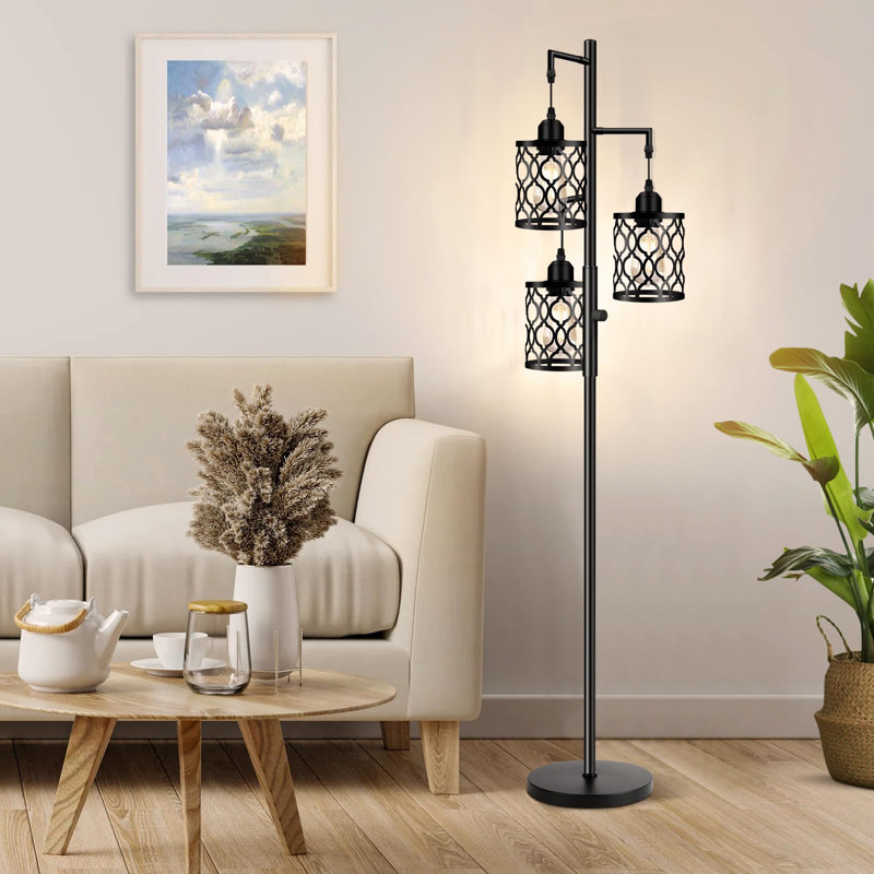 68" Farmhouse Floor Lamp, Dimmable Industrial Floor Lamps Including 3 Pcs 6w E26 Bulbs, Tree Floor Lamp, Black