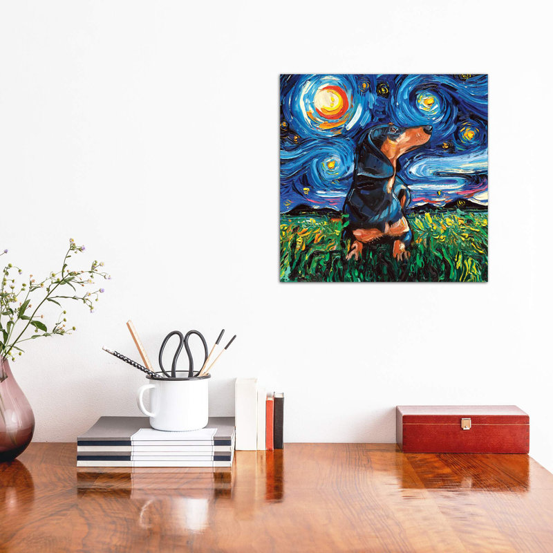Dachshund Night by Aja Trier - Painting on Canvas, 30.48 cm H x 30.48 cm W, No Frame