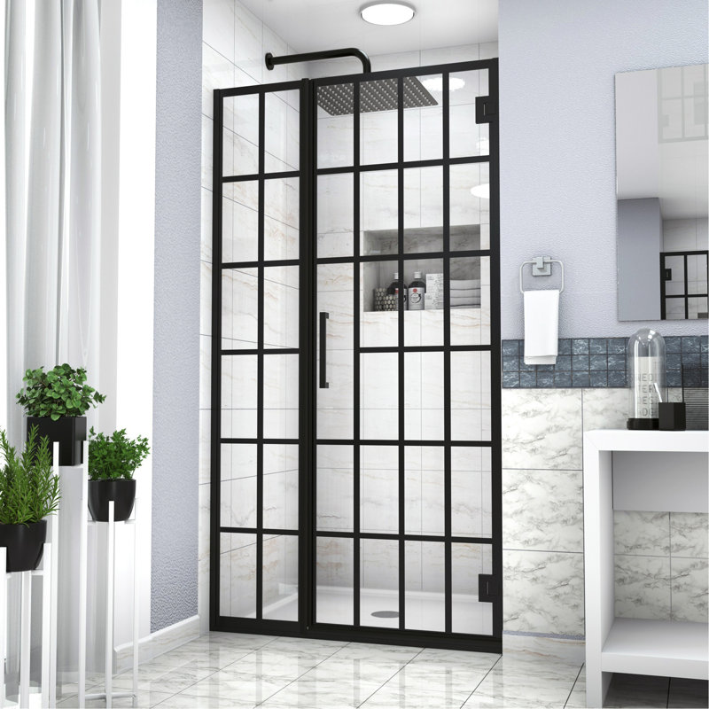 Shower Door 34" W X 72" H Pivot Frameless Shower Door With Pattern Glass, 2/5 In. (10Mm), Open Entry Design In Matte Black