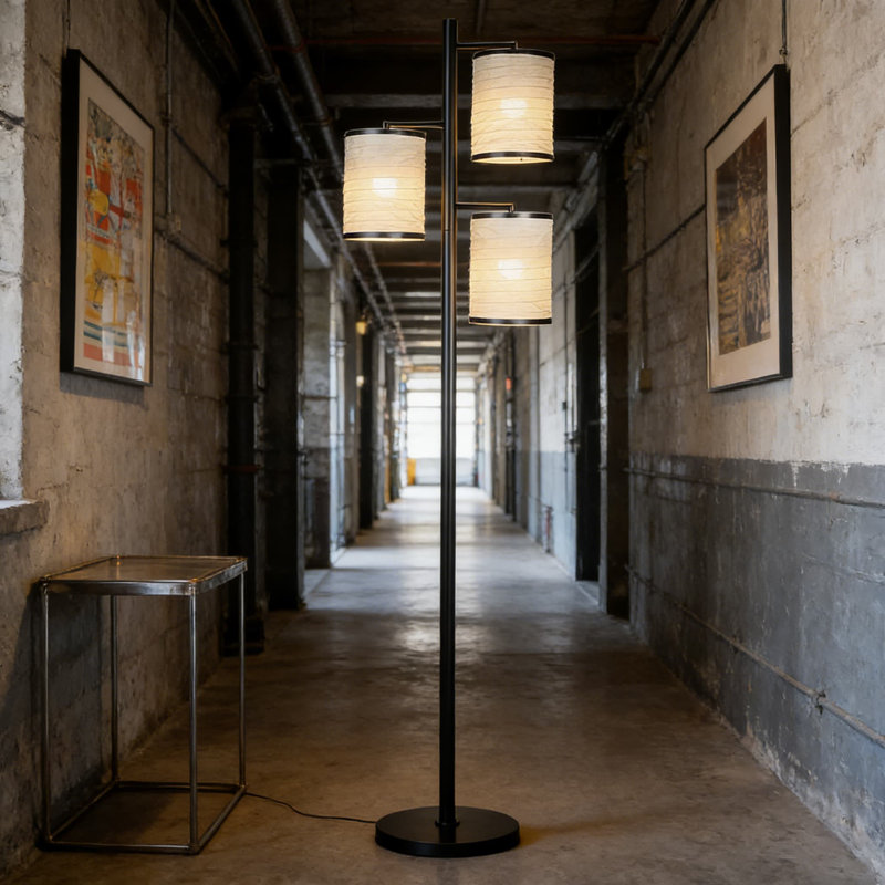 Lampe sur pied avec abat-jour lanterne asiatique - 3 ampoules DEL pour le salon, la chambre à coucher ou le bureau